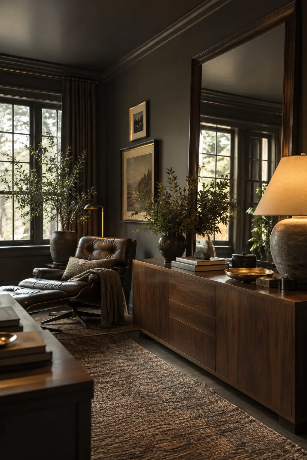 Home office painted entirely in matte graphite including the ceiling