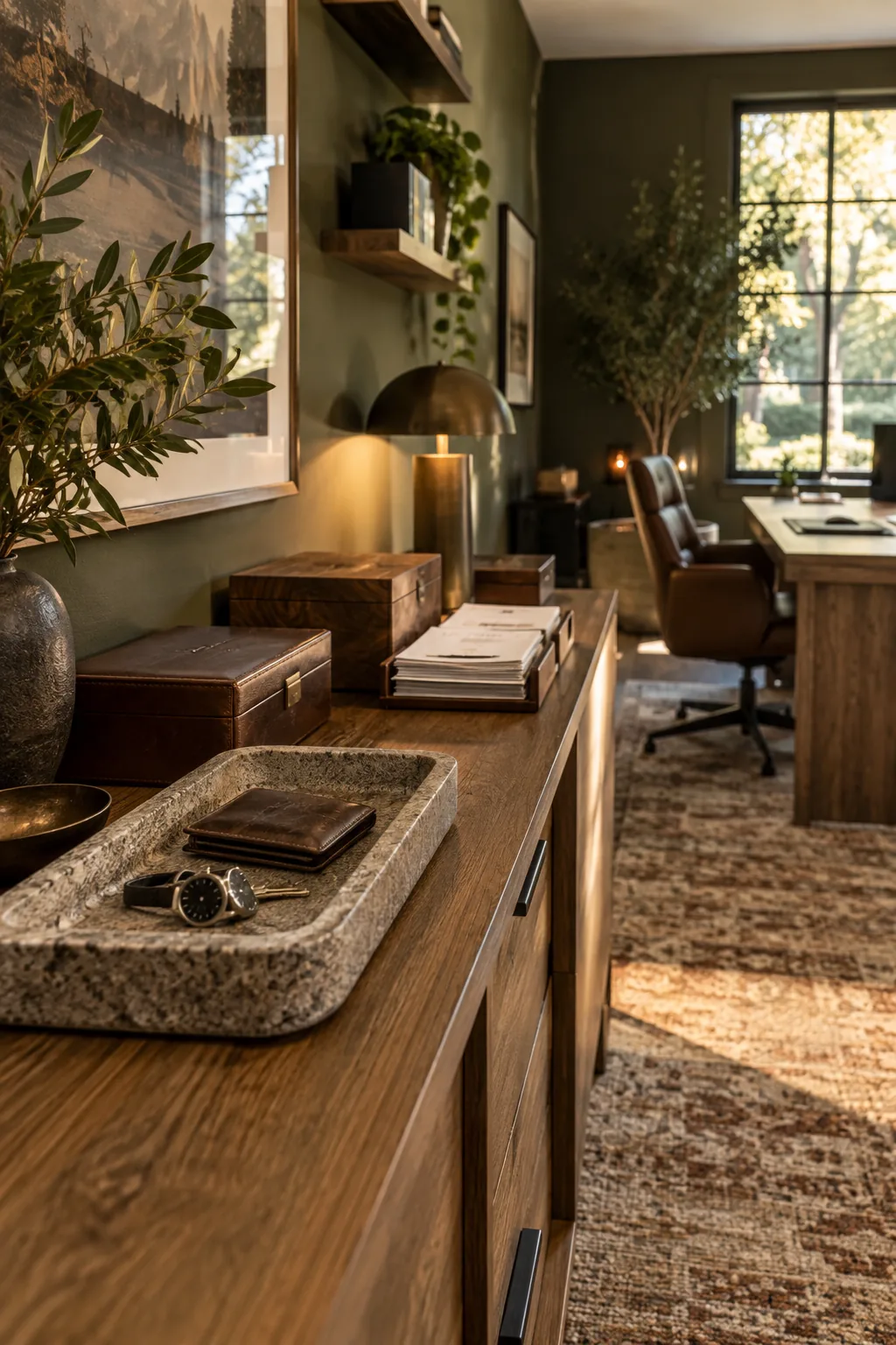 Side console table with a marble valet tray and wooden boxes