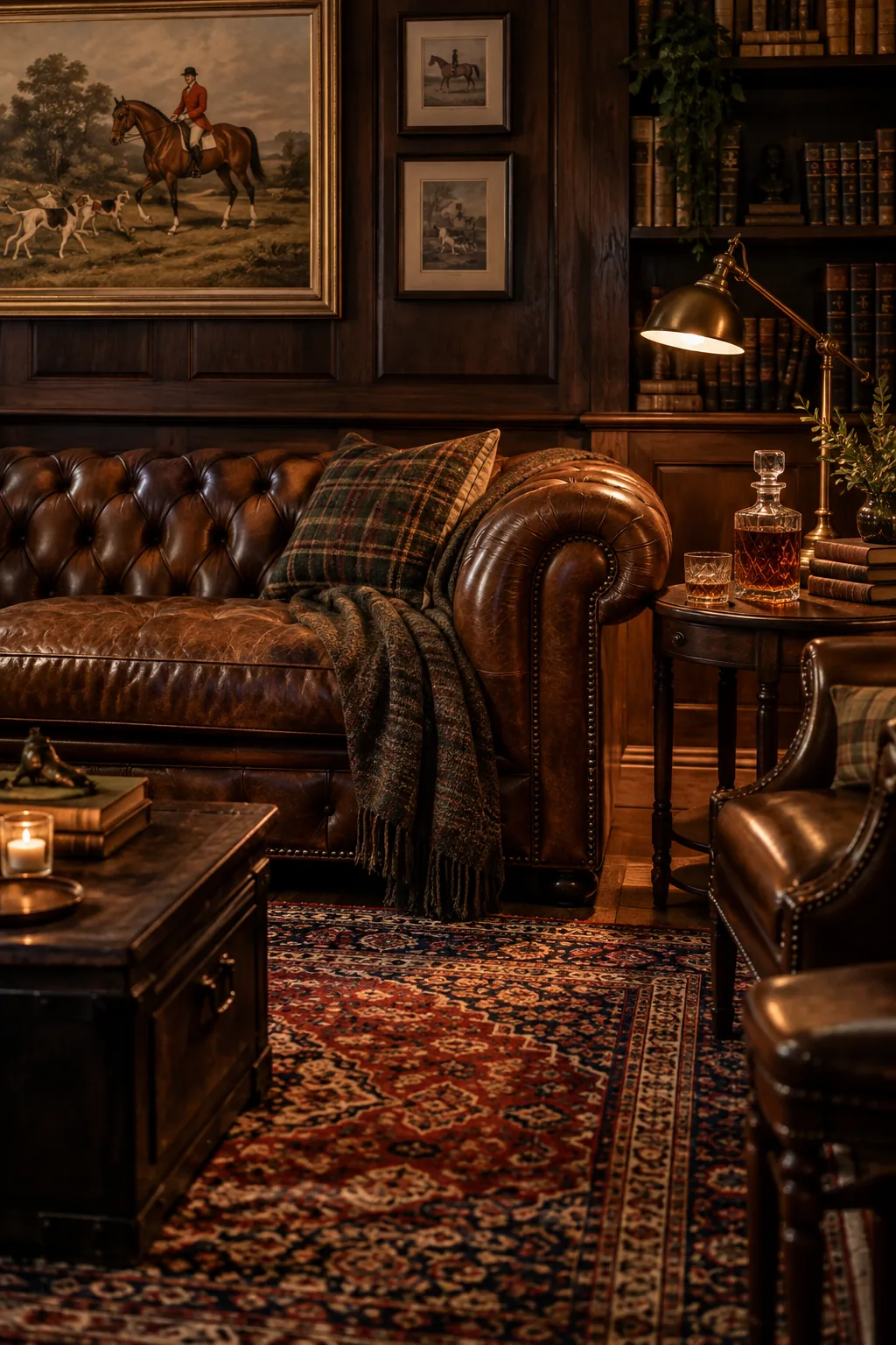 Cognac leather tufted chesterfield sofa in a classic home office