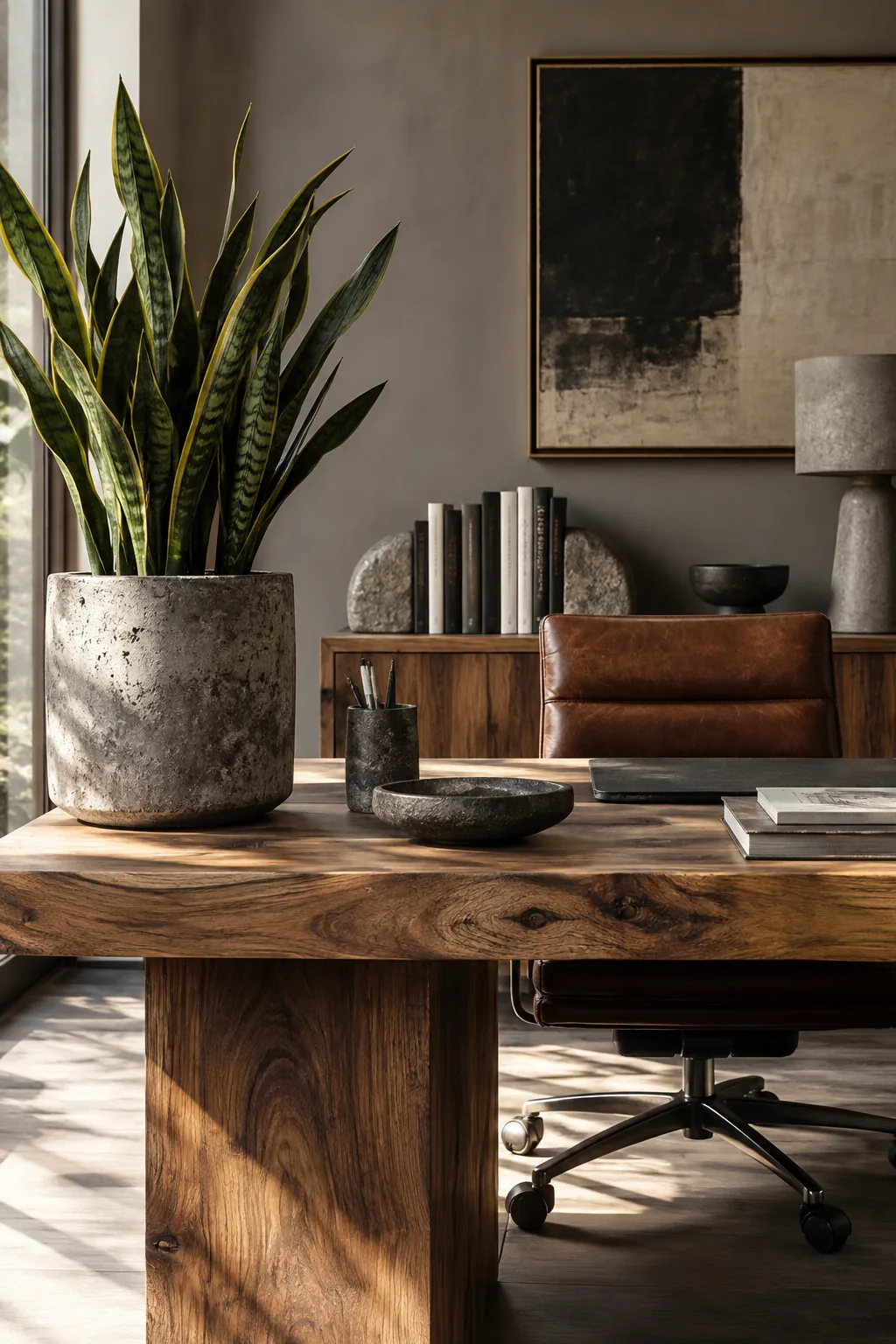 Large concrete planter with a snake plant on a wood desk