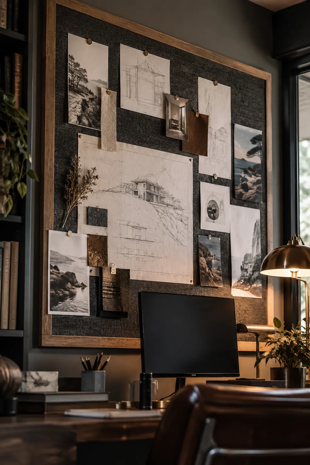 Oversized cork board wrapped in dark linen framed in wood above a desk