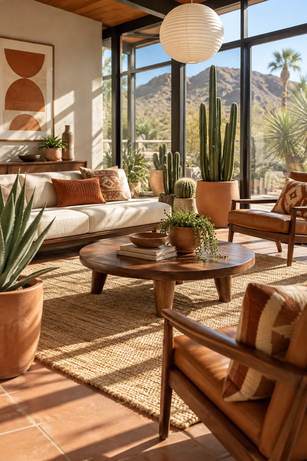 A desert modern mid-century sunroom with terracotta accents and walnut furniture.