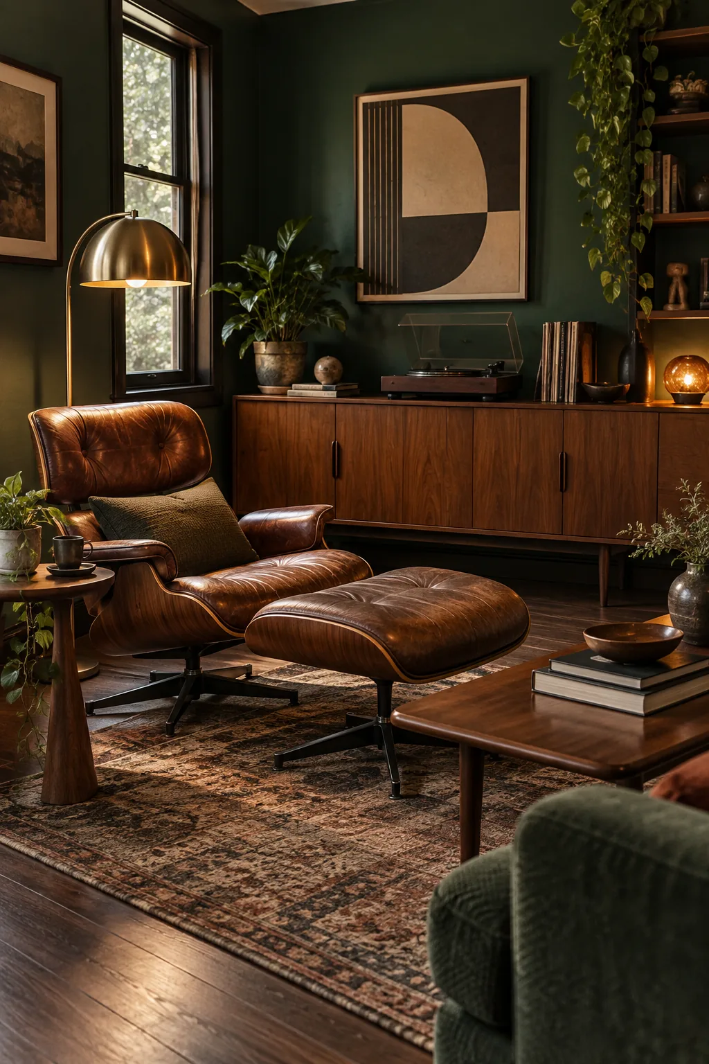 A moody mid-century den with emerald walls and dark teak furniture.