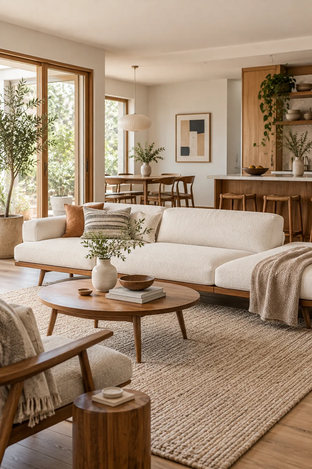 A light and airy Scandi-MCM living room with oak furniture and oatmeal textiles.