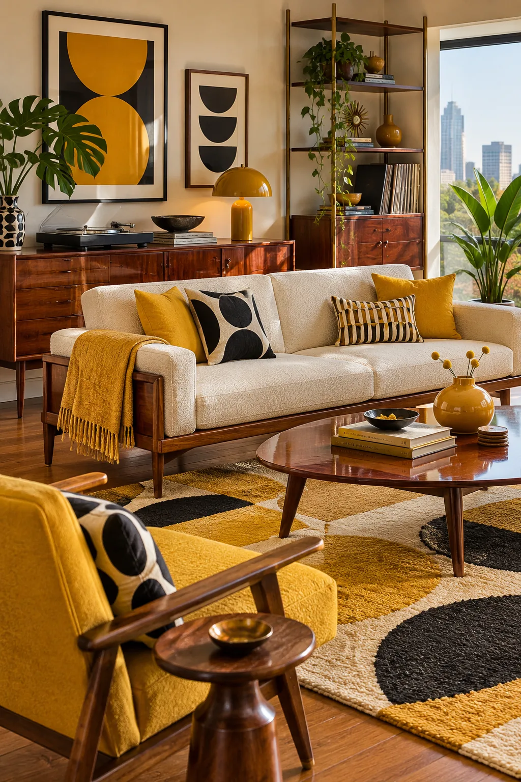 A vibrant retro pop mid-century apartment with mustard accents and rosewood furniture.