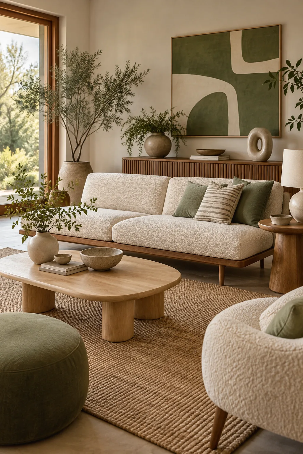 An organic modern mid-century lounge with sage greens and pale ash wood.