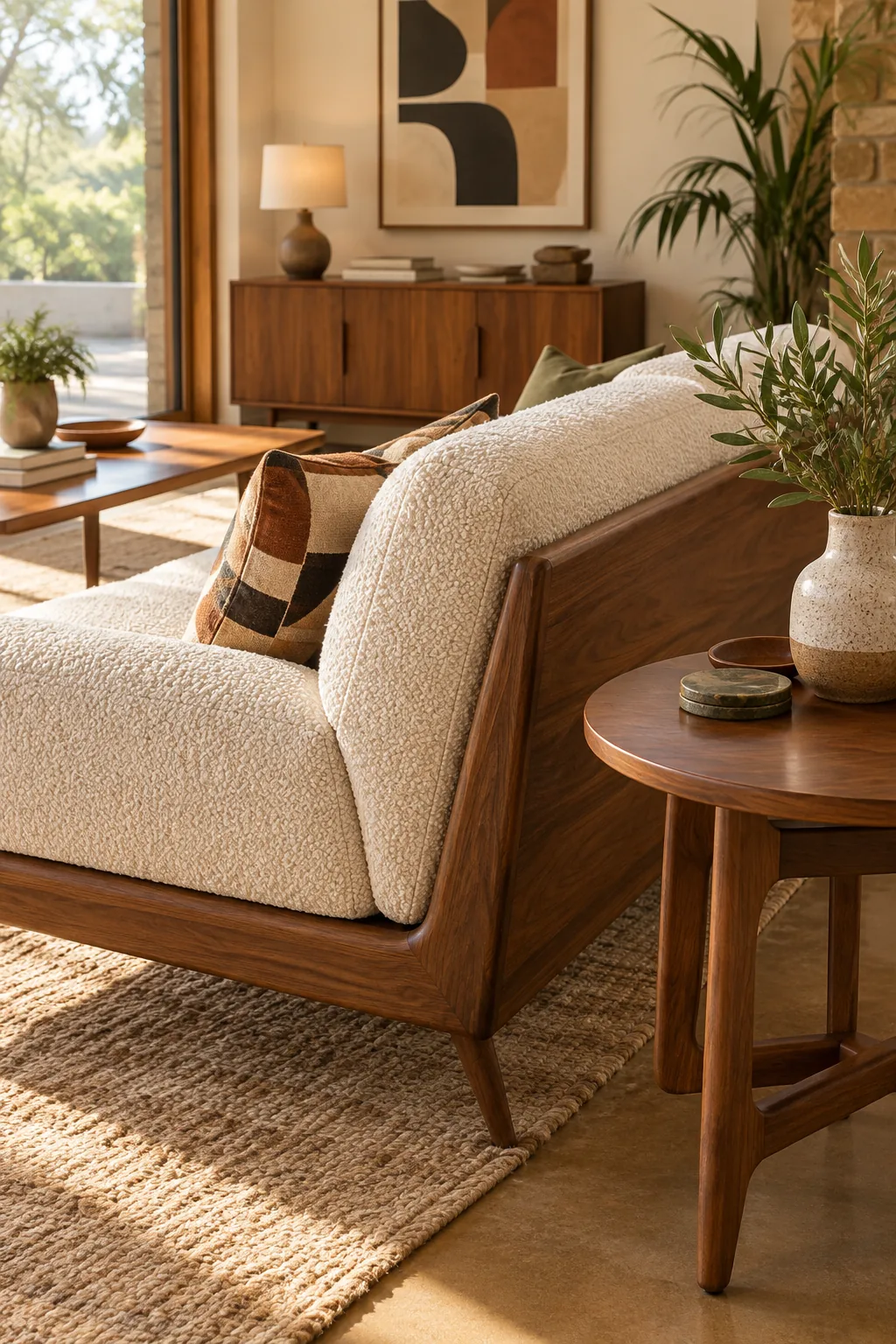 Close-up of a textured cream boucl&eacute; sofa cushion with a geometric patterned throw pillow.