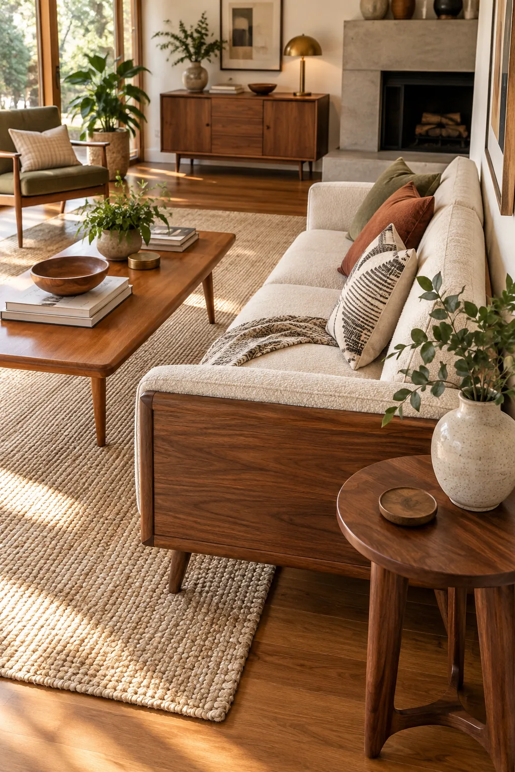 Elevated view of a rich walnut sofa frame and a matching mid-century side table.