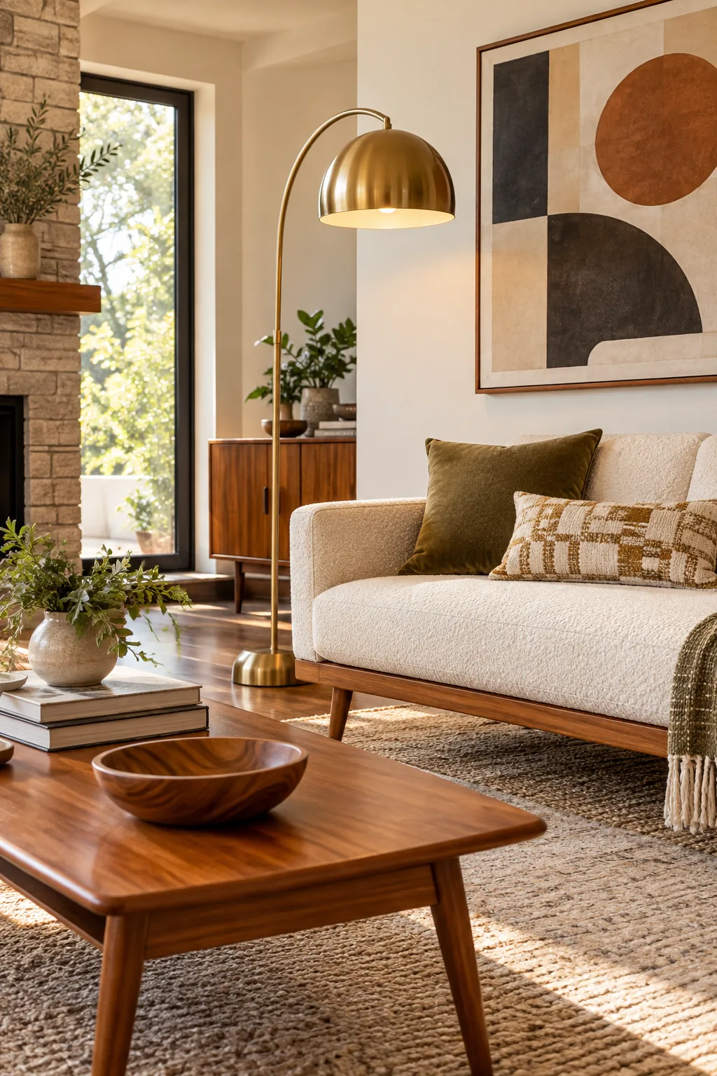 Overhead view showing a teak coffee table placed in front of a walnut-framed sofa.