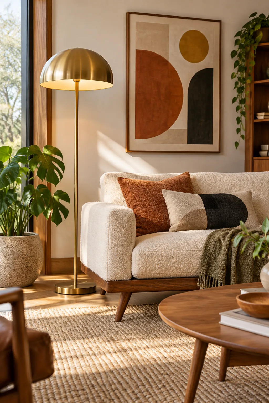 A brass dome floor lamp and geometric artwork styled around a low mid-century sofa.