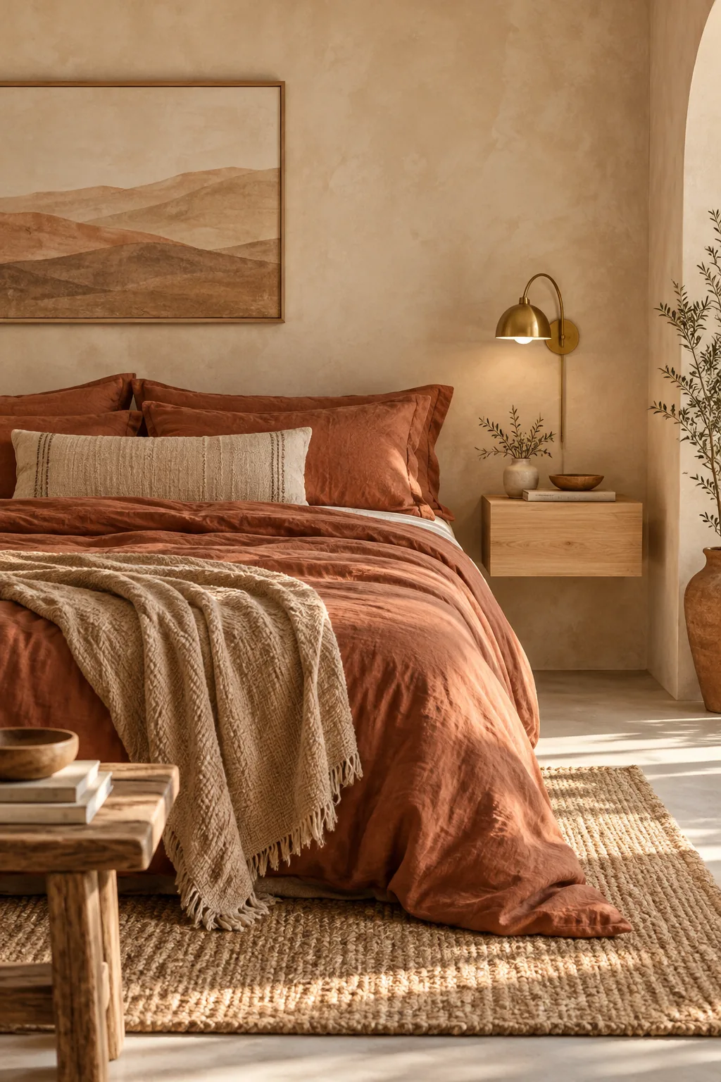 A desert minimalist bedroom with terracotta bedding and plaster walls.