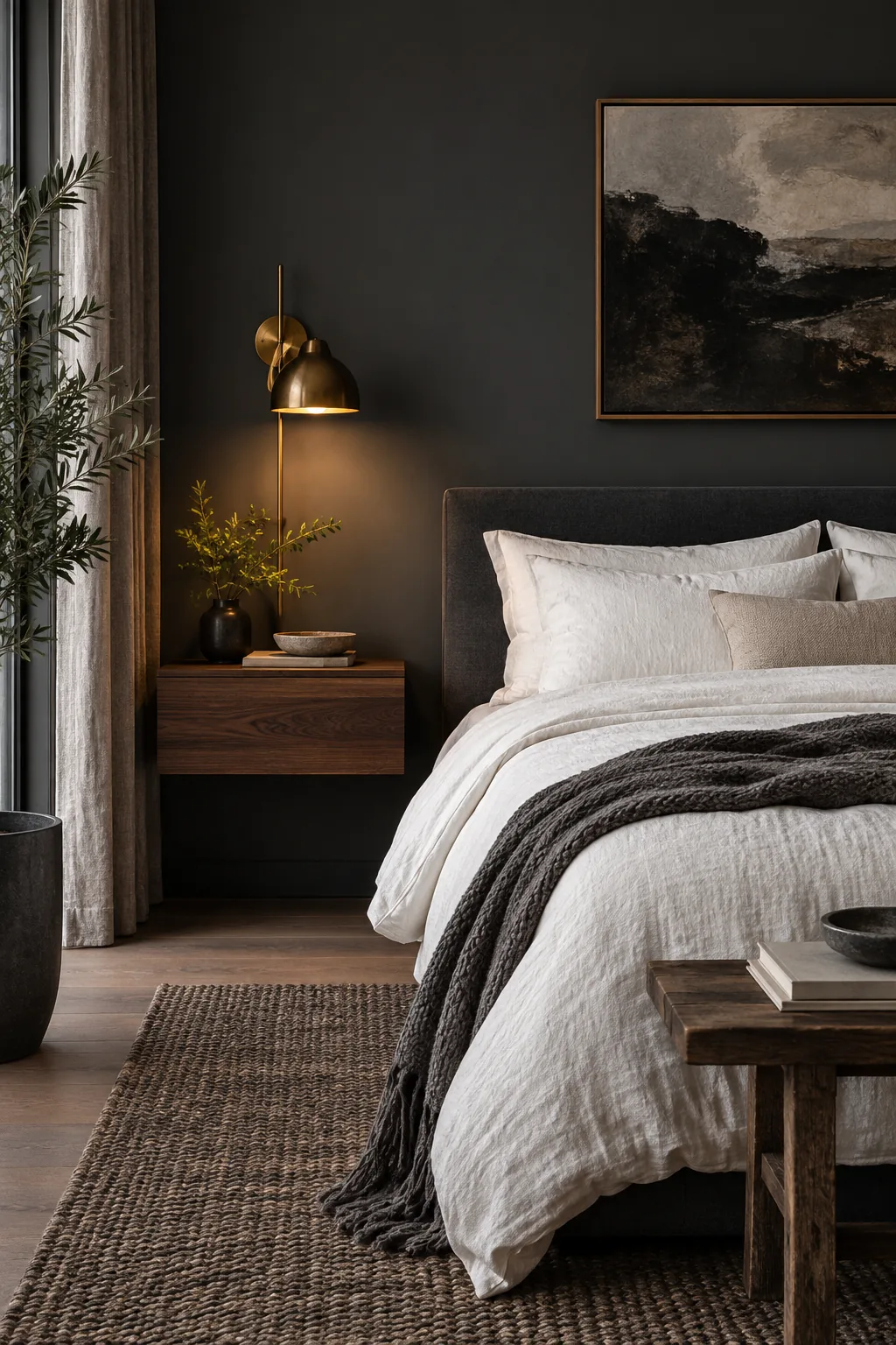 A moody bedroom with dark slate walls and a walnut nightstand.