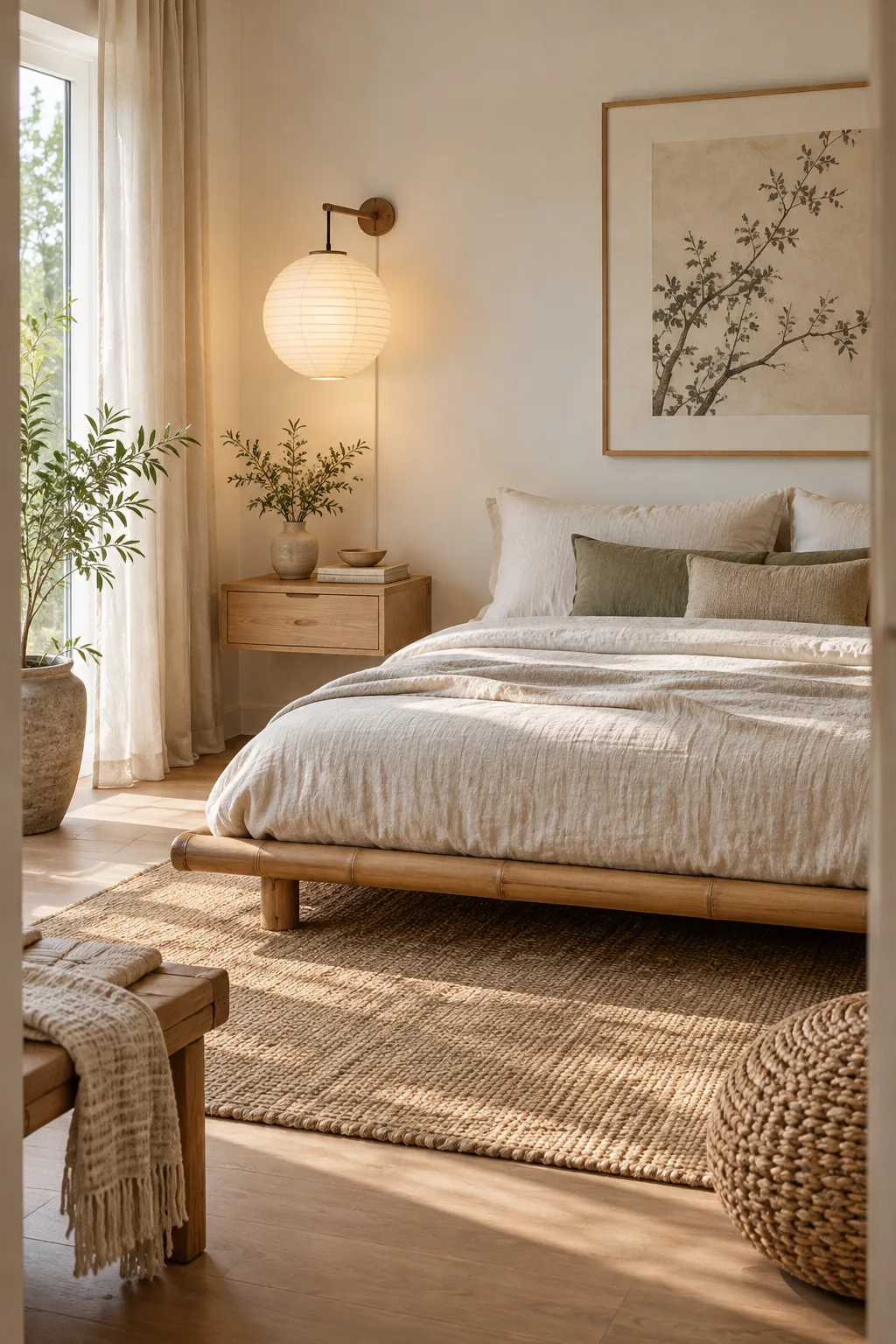 A Japandi bedroom with a low bamboo bed and paper lantern sconce.