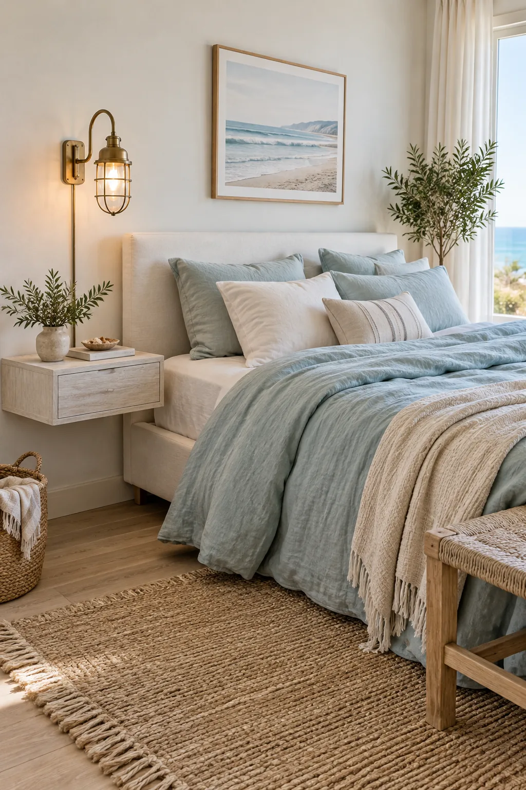 A coastal minimalist bedroom with sea glass blue bedding and whitewashed wood.
