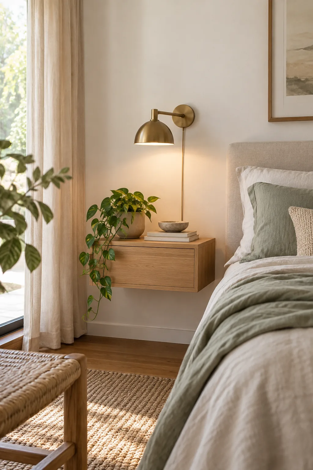 A brass wall sconce illuminating a minimalist oak nightstand.