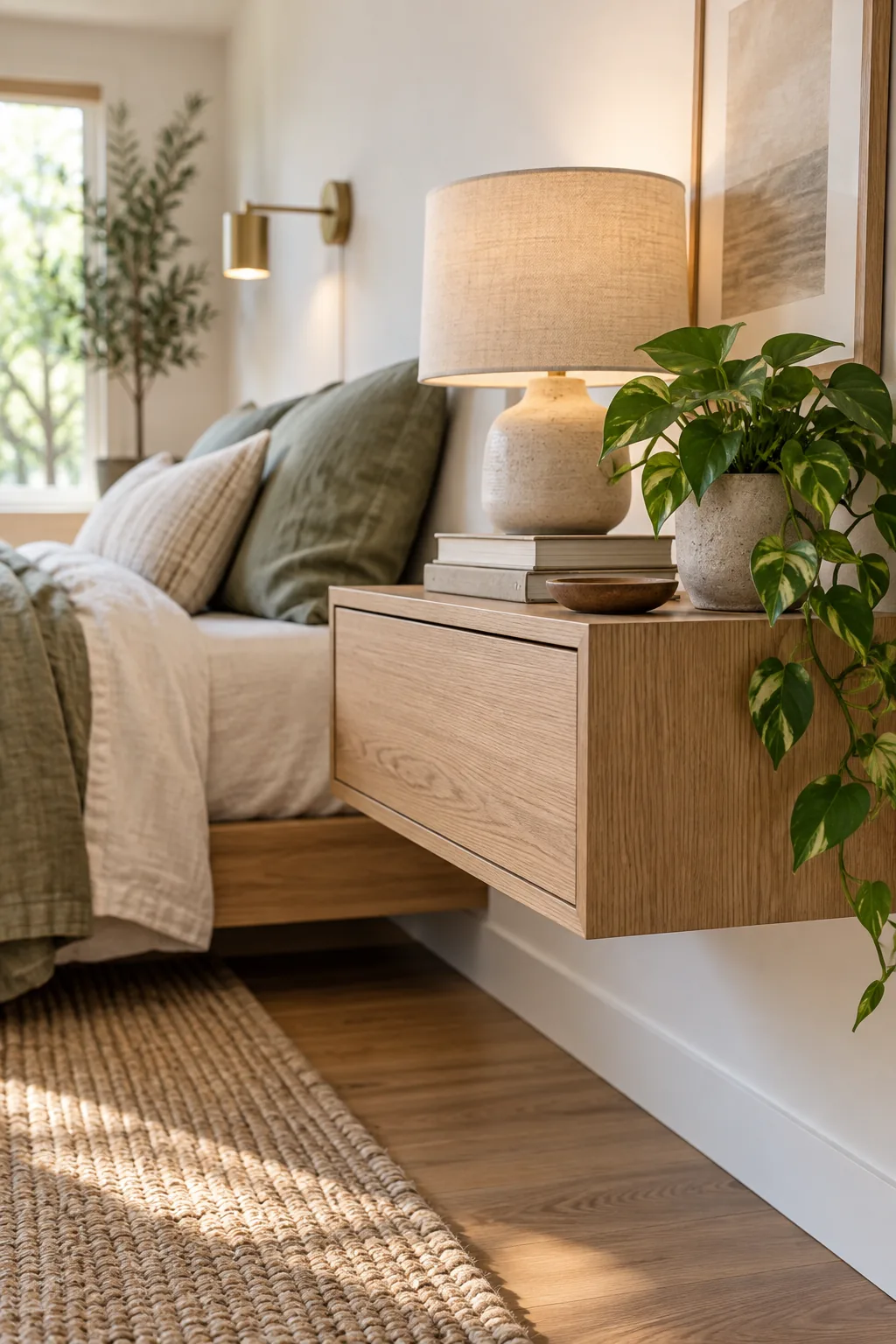 A floating oak nightstand secured to a white bedroom wall with no visible hardware.