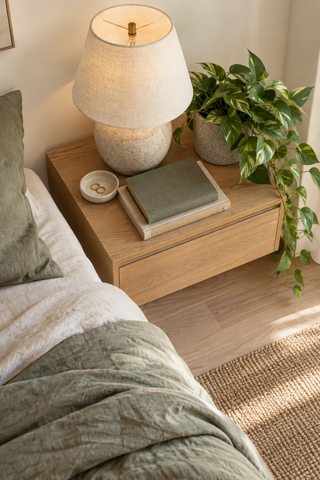 A styled floating nightstand holding a heavy lamp, books, and a potted plant.
