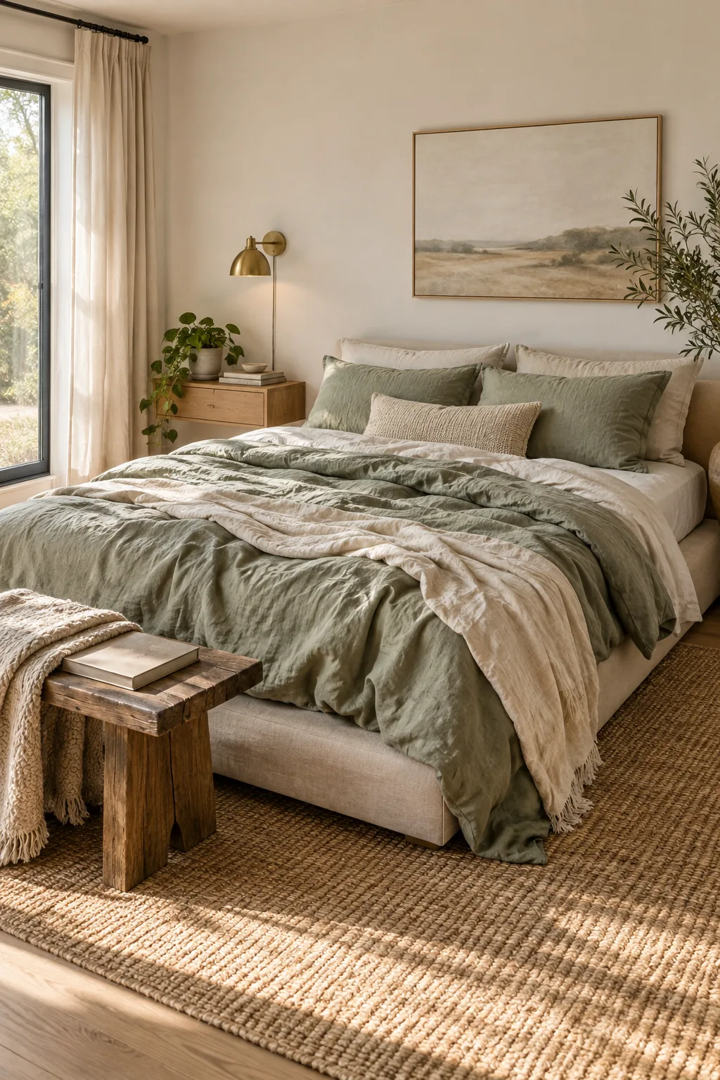 A bed made with rumpled, layered sage and oatmeal linen sheets.