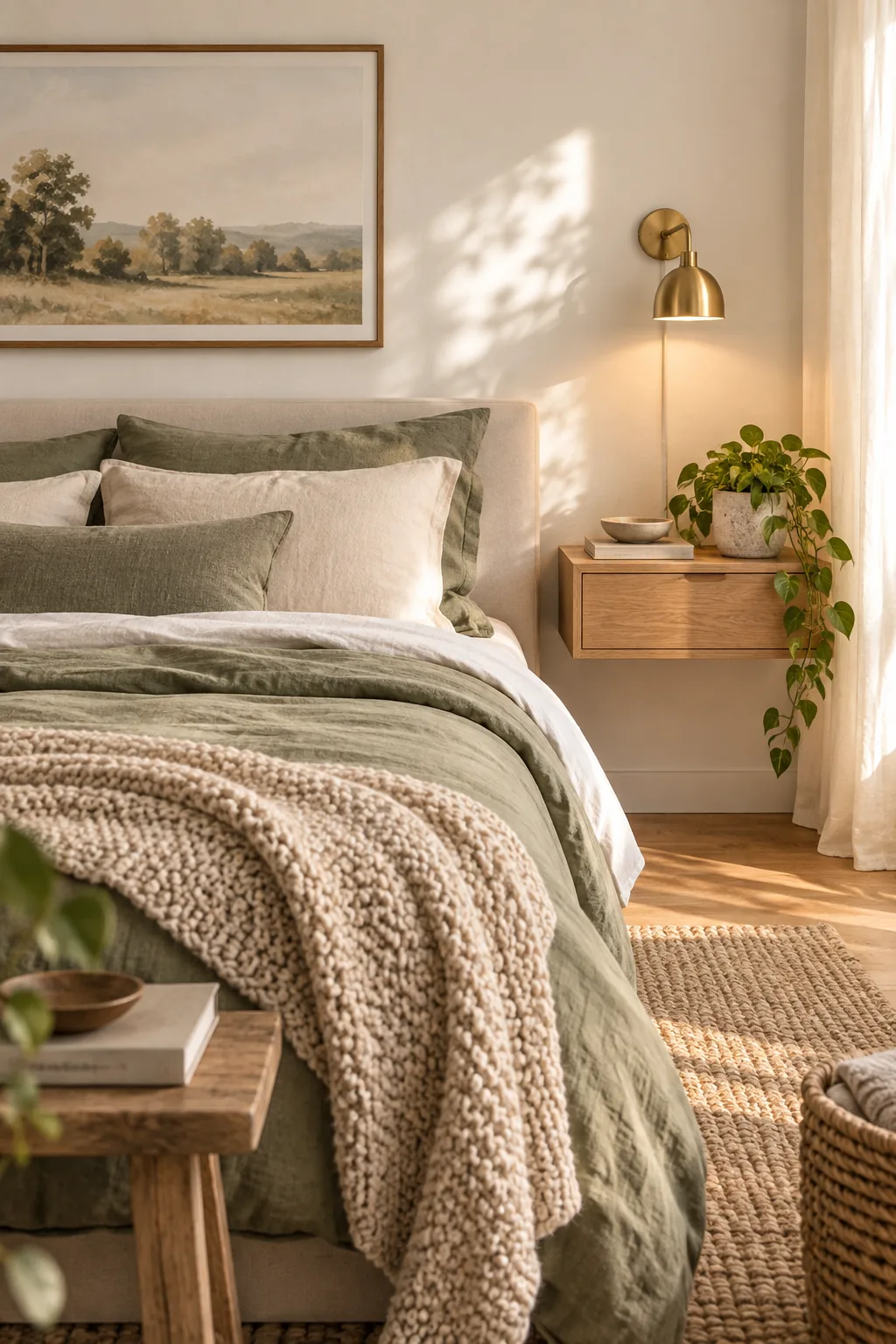 An overhead view of a chunky knit blanket, linen pillows, and a ceramic tray on oak.