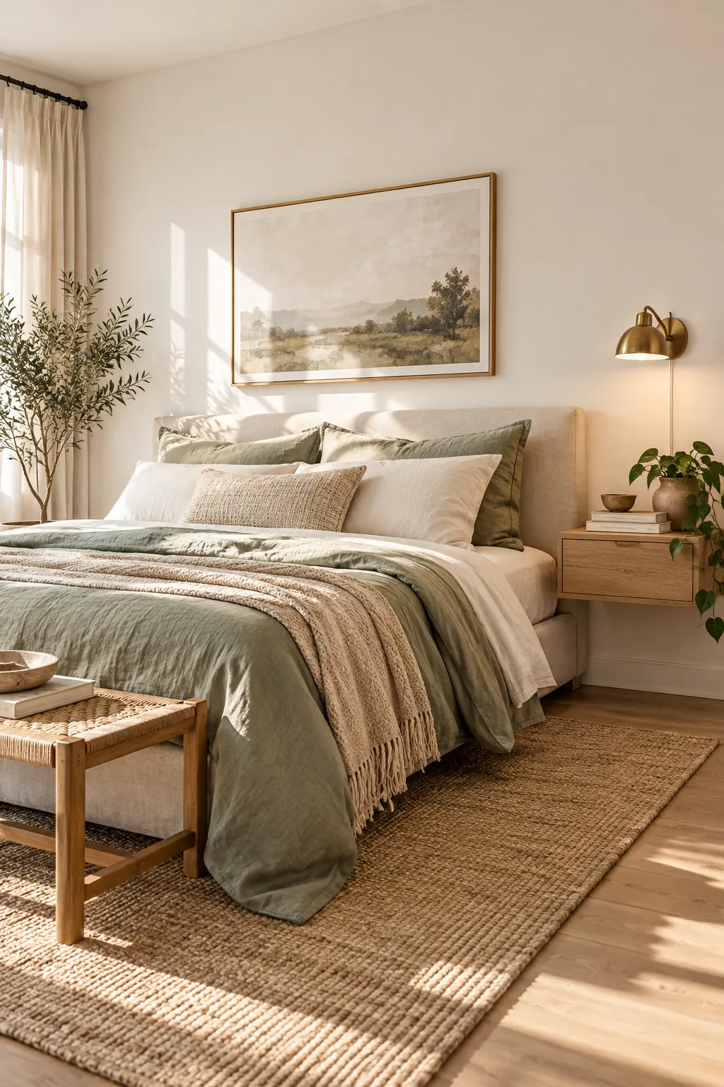 A perfectly clean and styled minimalist bedroom corner bathed in morning sunlight.