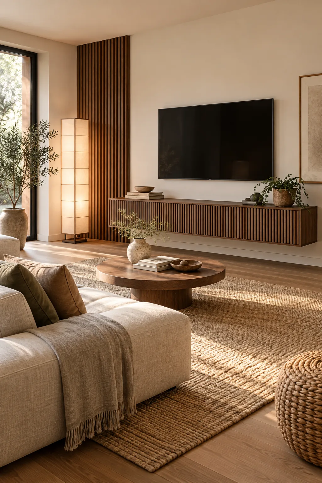 Japandi living room with a slatted walnut console and paper floor lamp.