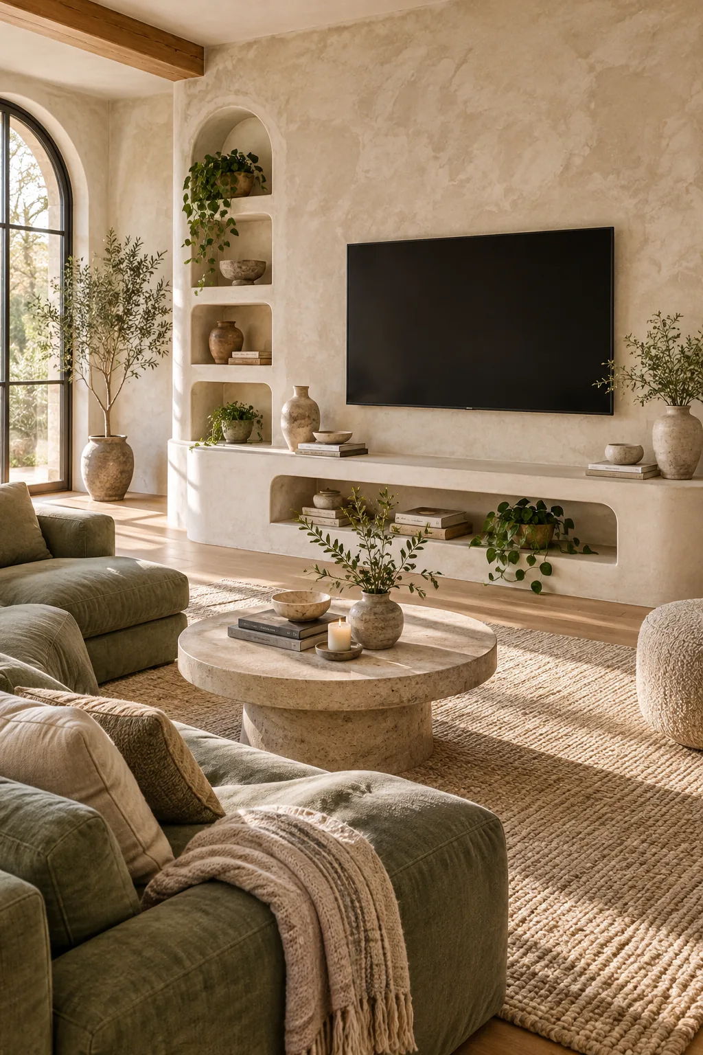 Organic minimalist room with a curved plaster console and limewash walls.