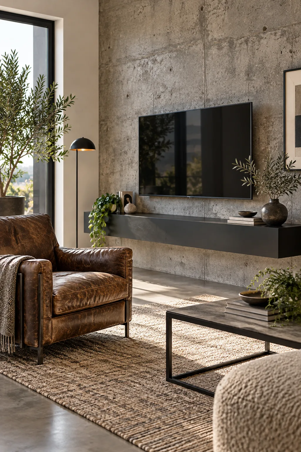 Industrial minimalist room with a black steel floating shelf and concrete wall.