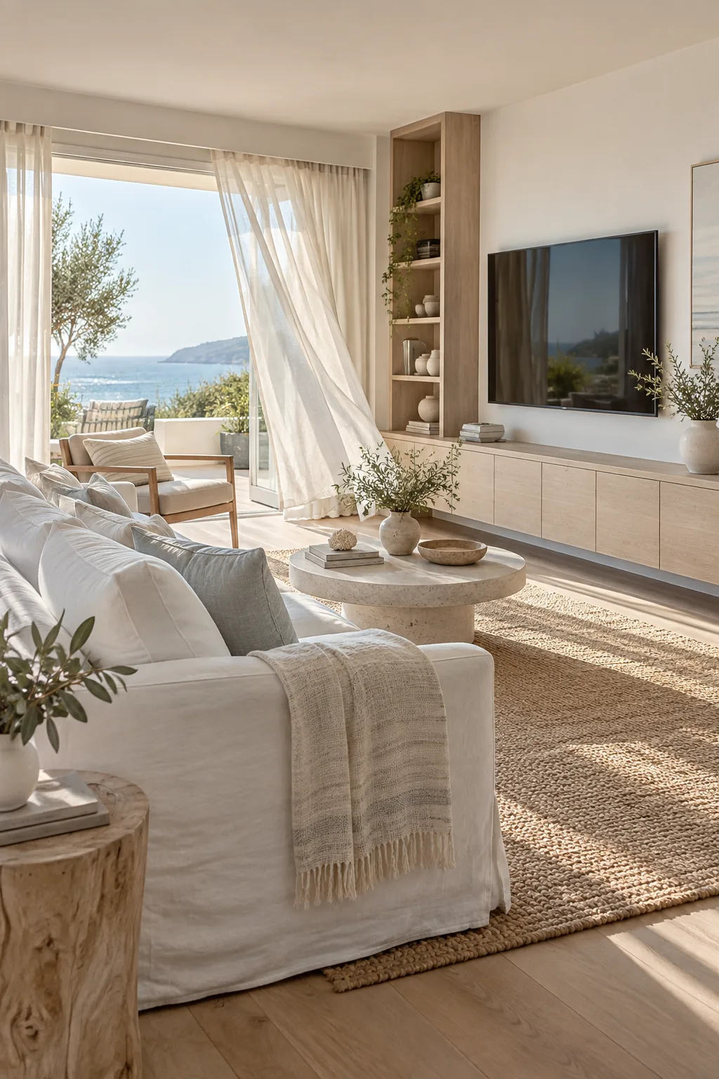 Coastal minimalist room with bleached ash cabinets and sheer linen curtains.