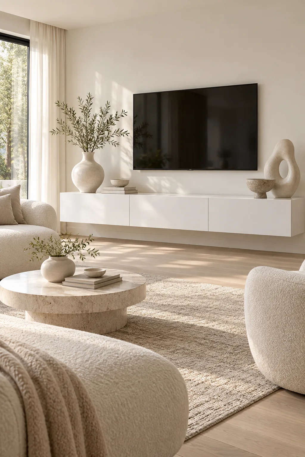 Monochromatic white living room with a lacquered floating console and sculptural ceramics.