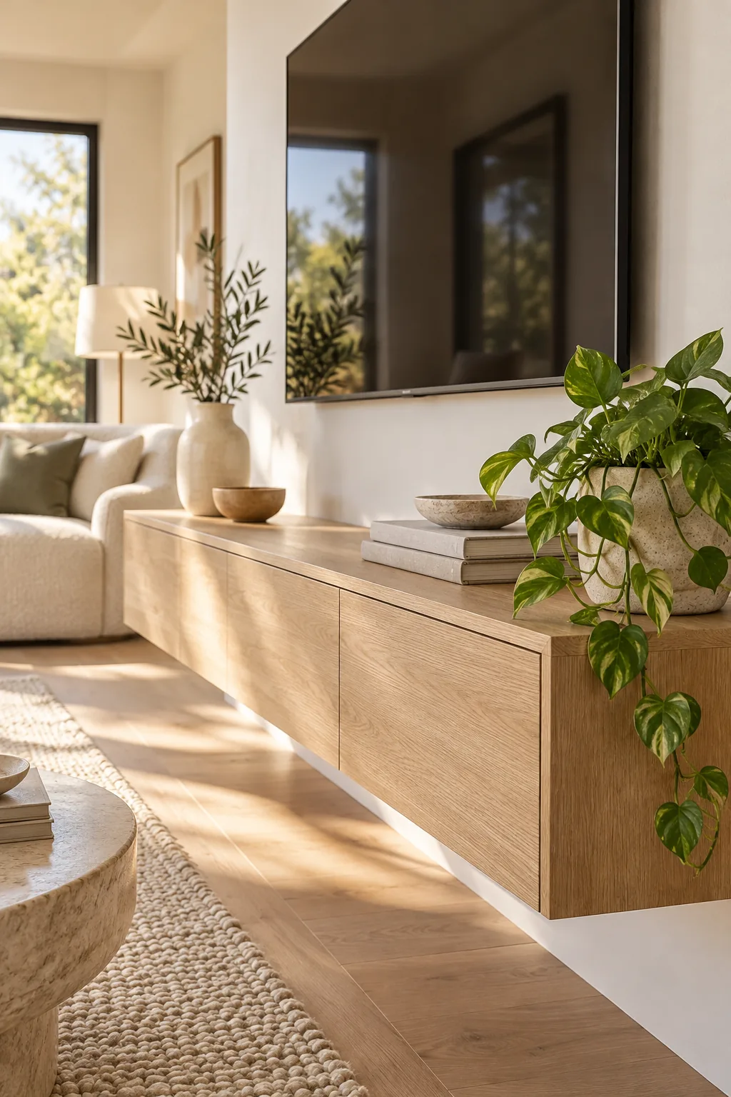 Flat screen TV mounted on a white wall above an oak console with no visible cords.
