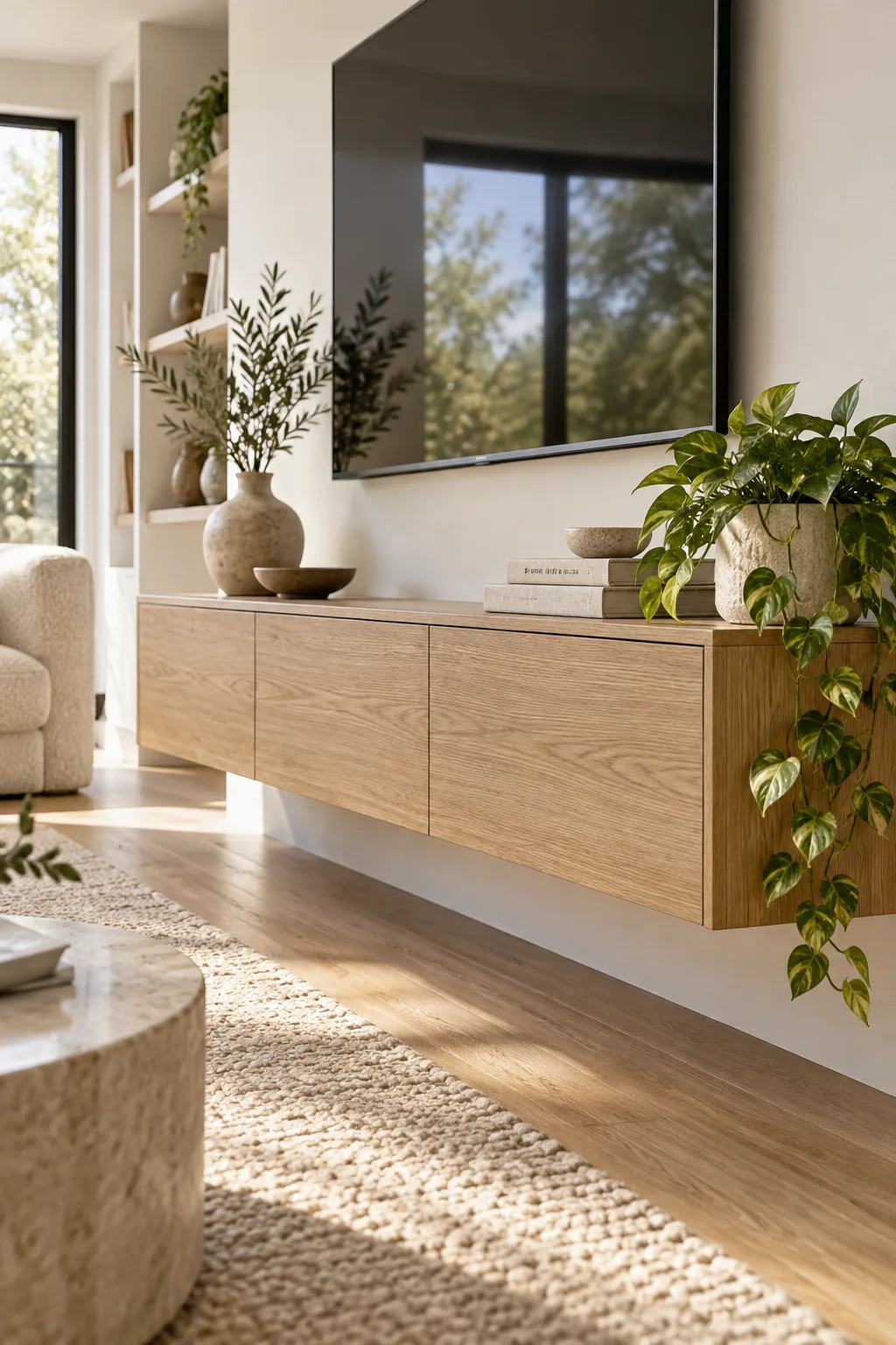 Floating light oak media console mounted tight against a white wall.