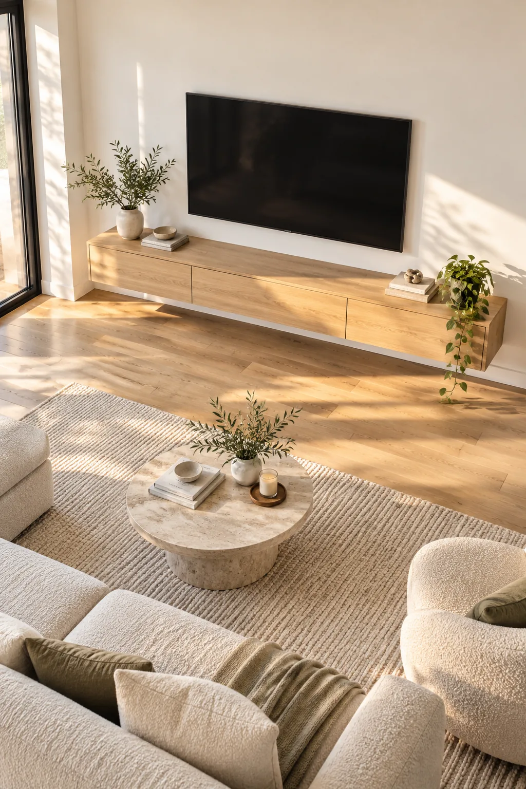 Light wood floor meeting a white wall with a flush shadow-gap baseboard.