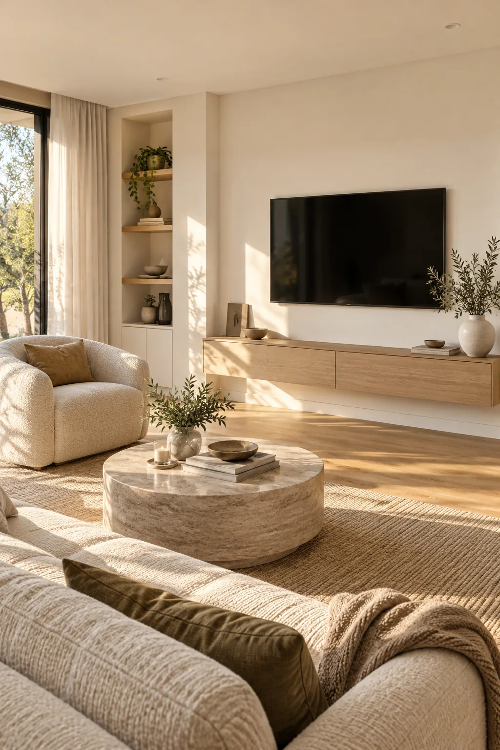 Minimalist living room wall with a floating oak console and perfectly flush mounted TV.