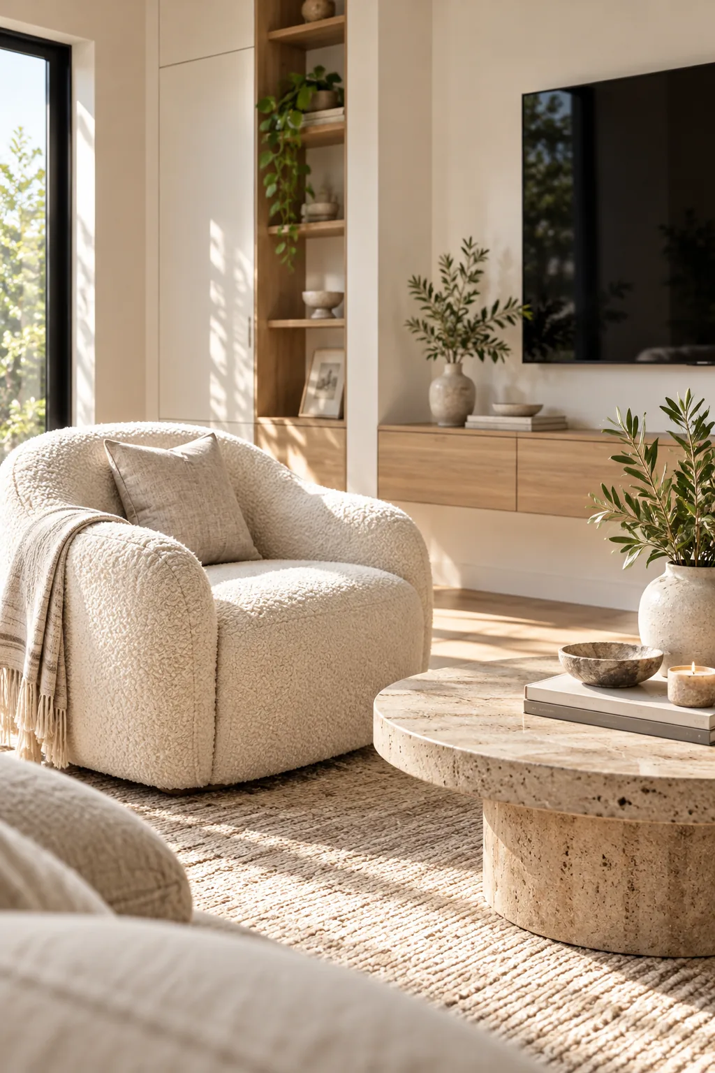 Cream boucle armchair and round stone coffee table in a sunlit room.