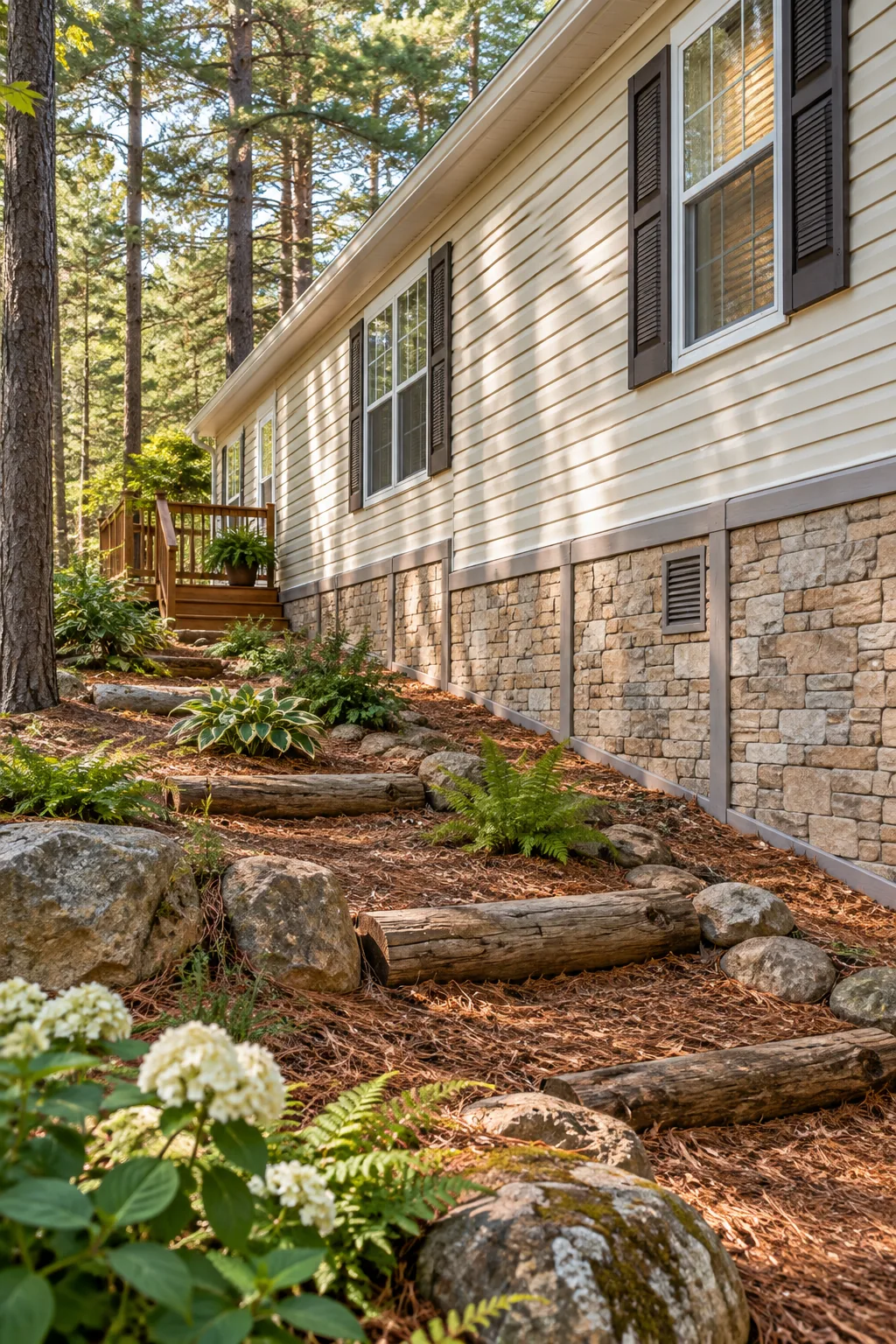 Warm tan faux stone skirting installed on a steep woodland slope with pine needles.