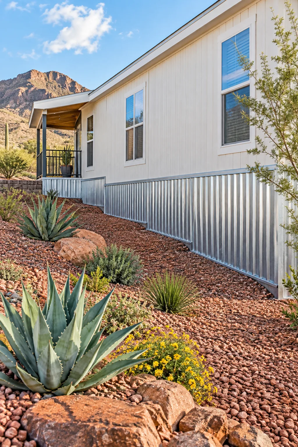 Galvanized steel corrugated metal skirting on a sloped desert lot with red rock and agave.