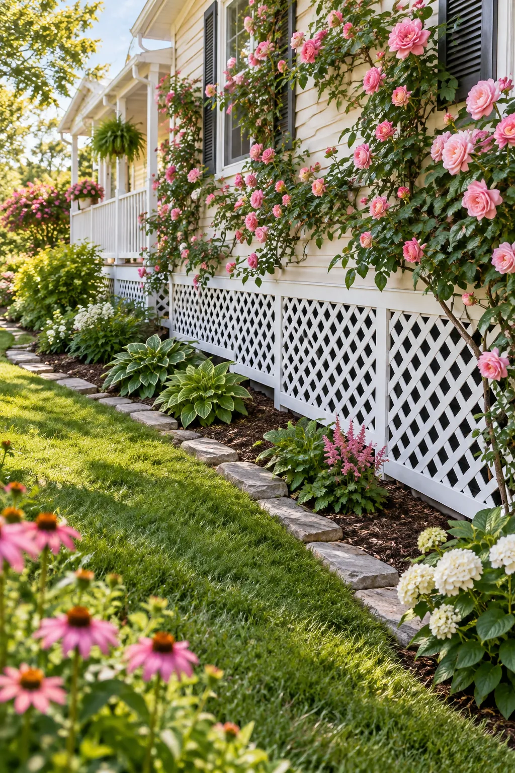 White vinyl lattice skirting over a black backing on a gentle slope in a cottage garden.