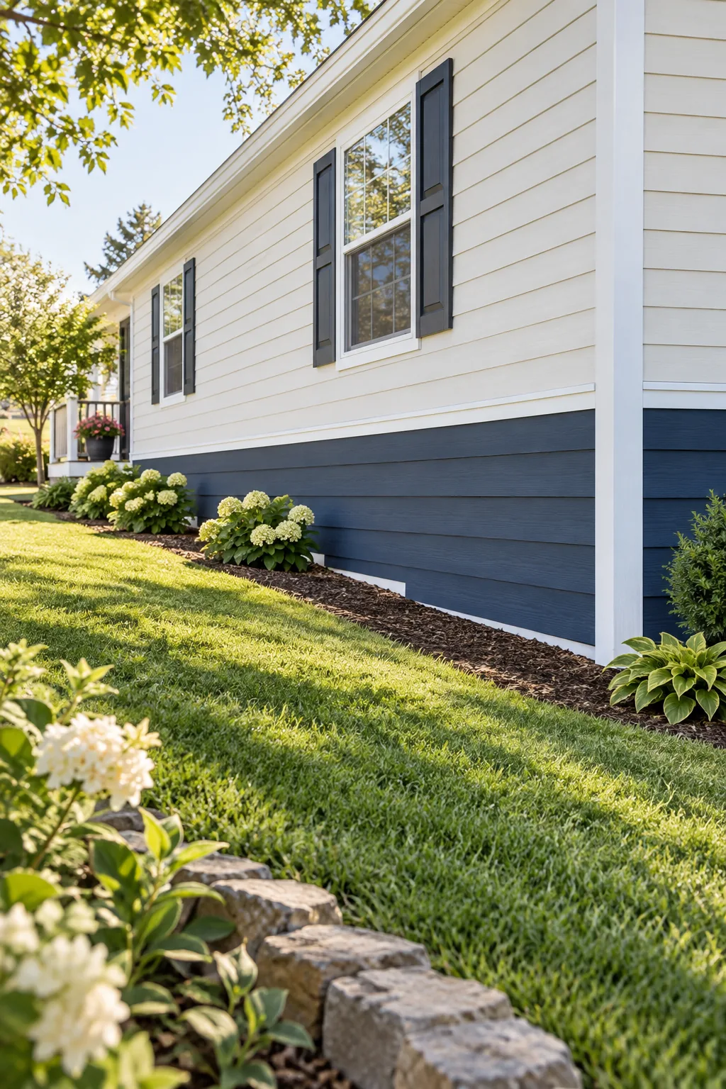Deep navy blue horizontal fiber cement skirting boards on a suburban slope.