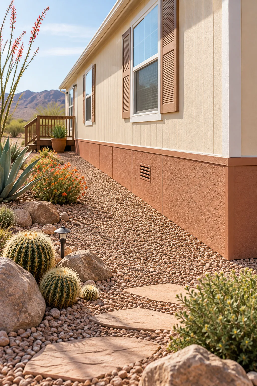 Soft terracotta stucco-finished foam skirting panels on a southwestern gravel slope.