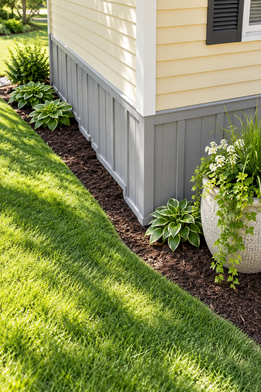 A low-angle view showing a gray vinyl skirting bottom rail stepping down a grassy slope, bordered by dark mulch and hostas.