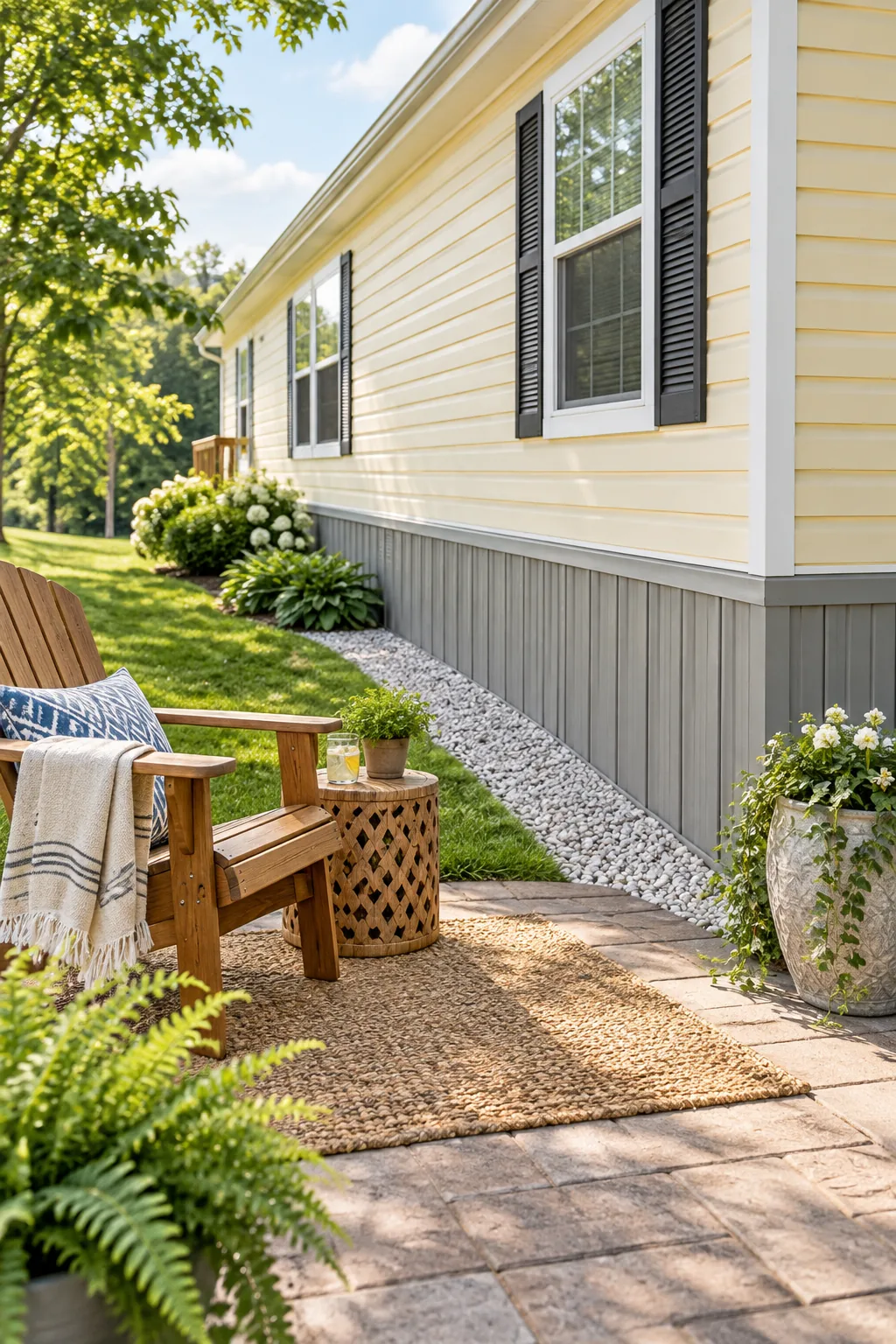 Close-up of a gray skirting corner panel with an angled bottom edge that perfectly matches the slope of the adjacent lawn.