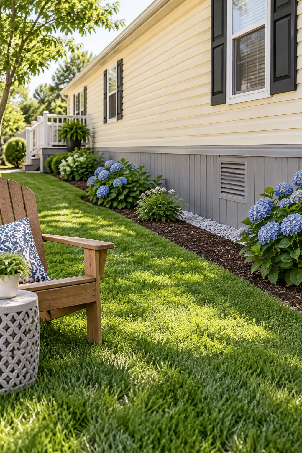 Gray vinyl skirting sitting just above a crushed stone trench that hides the expansion gap, with a wooden chair in the foreground.
