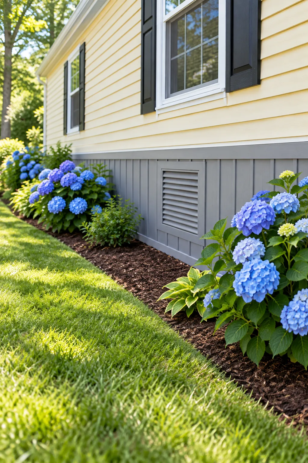 A louvered vent panel integrated into gray mobile home skirting, surrounded by blooming hydrangea bushes in a side yard.