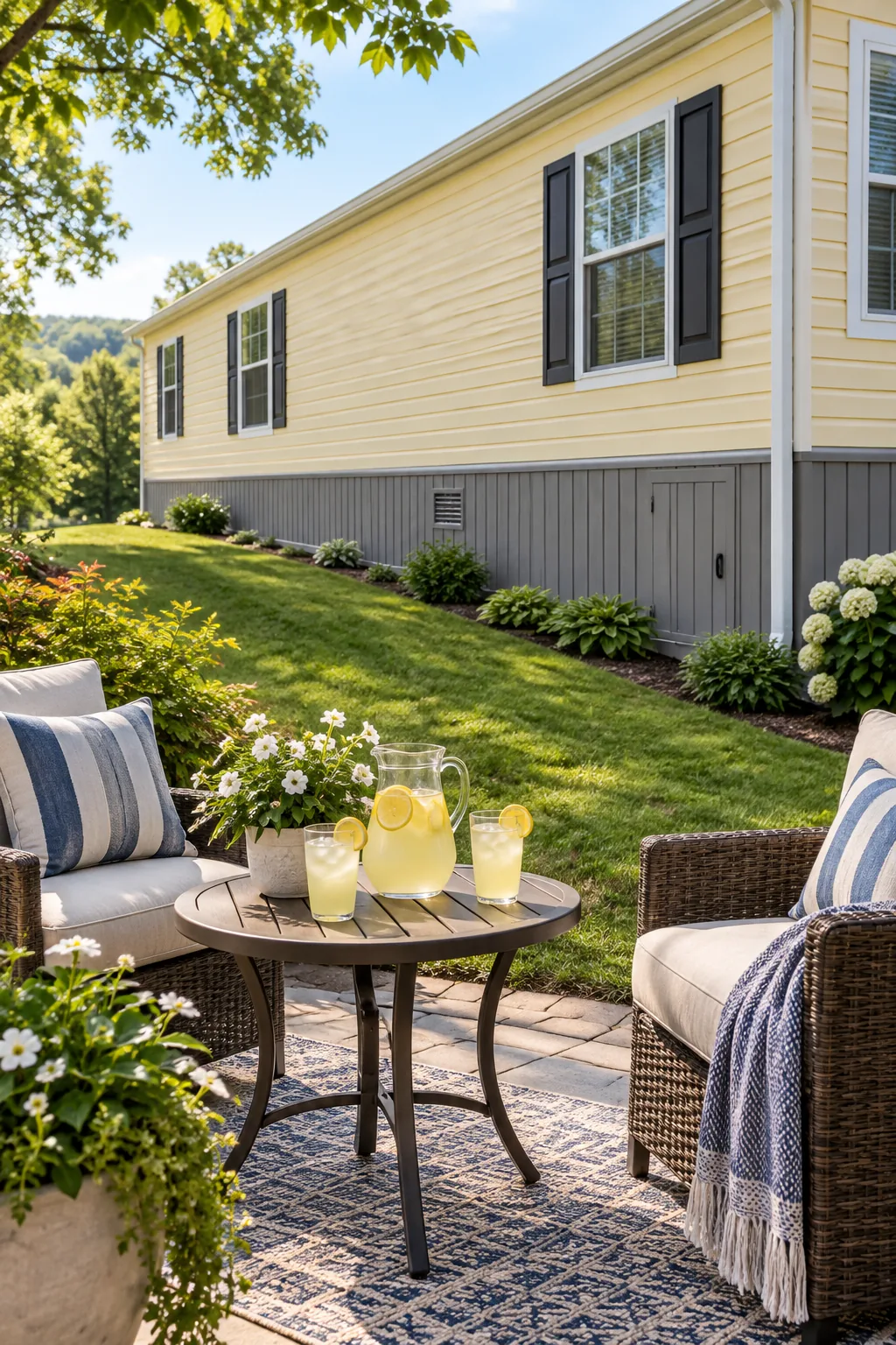 A beautifully skirted mobile home on a sloped lot, viewed from behind a patio table set with a pitcher of lemonade.