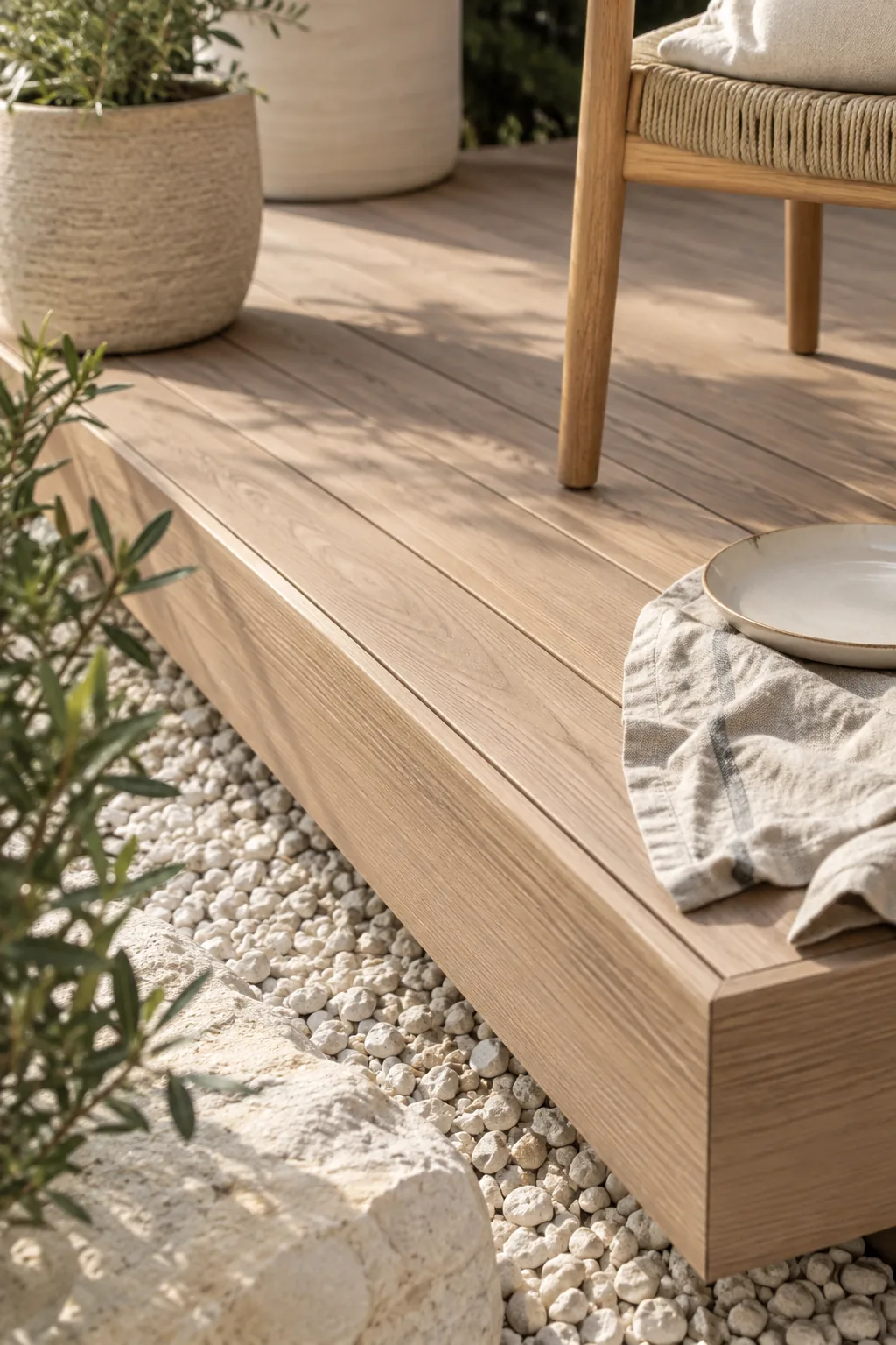 A raised wooden deck platform sitting on white gravel with a dining set