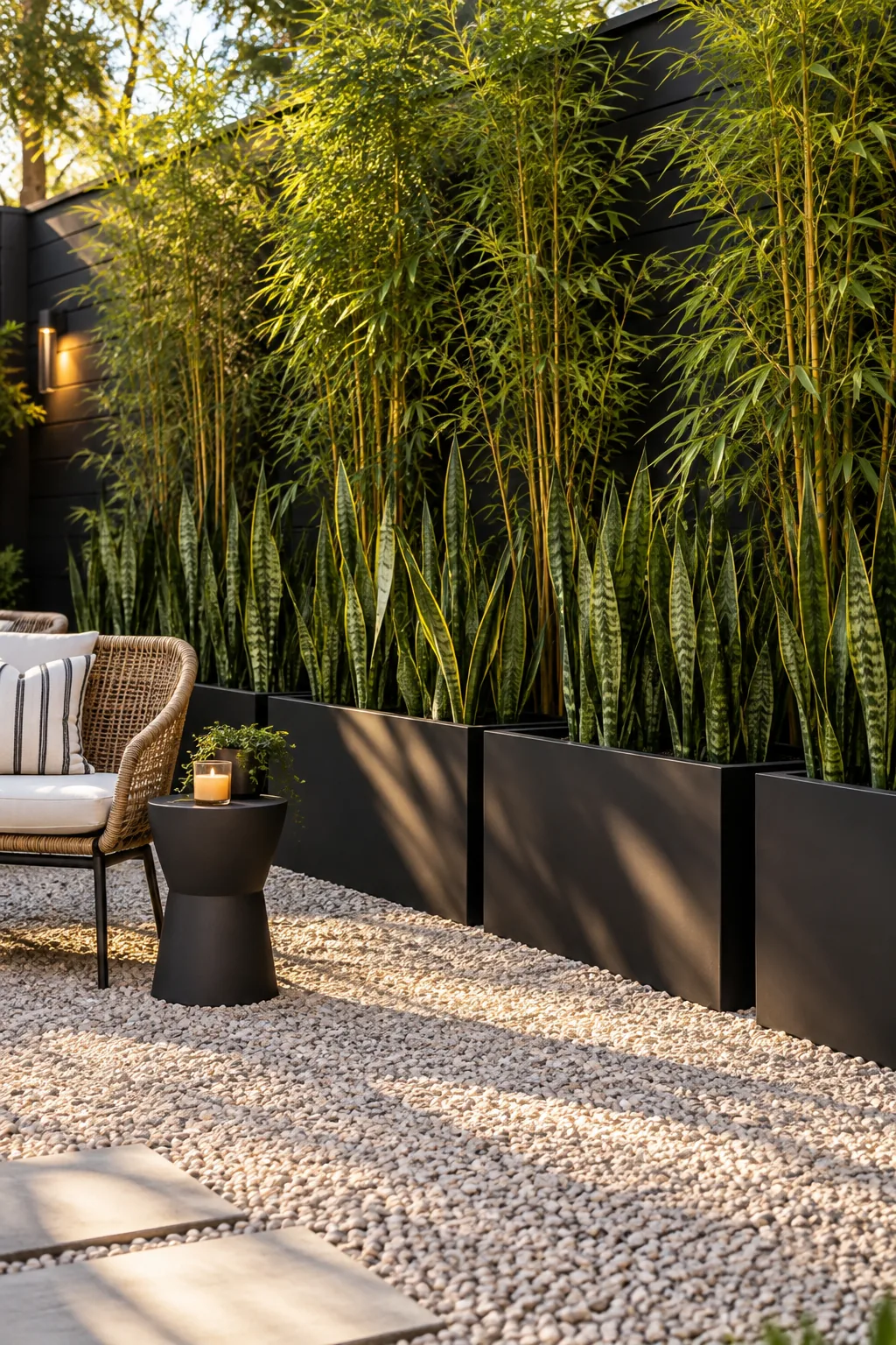 Matte black trough planters filled with tall bamboo acting as a privacy screen