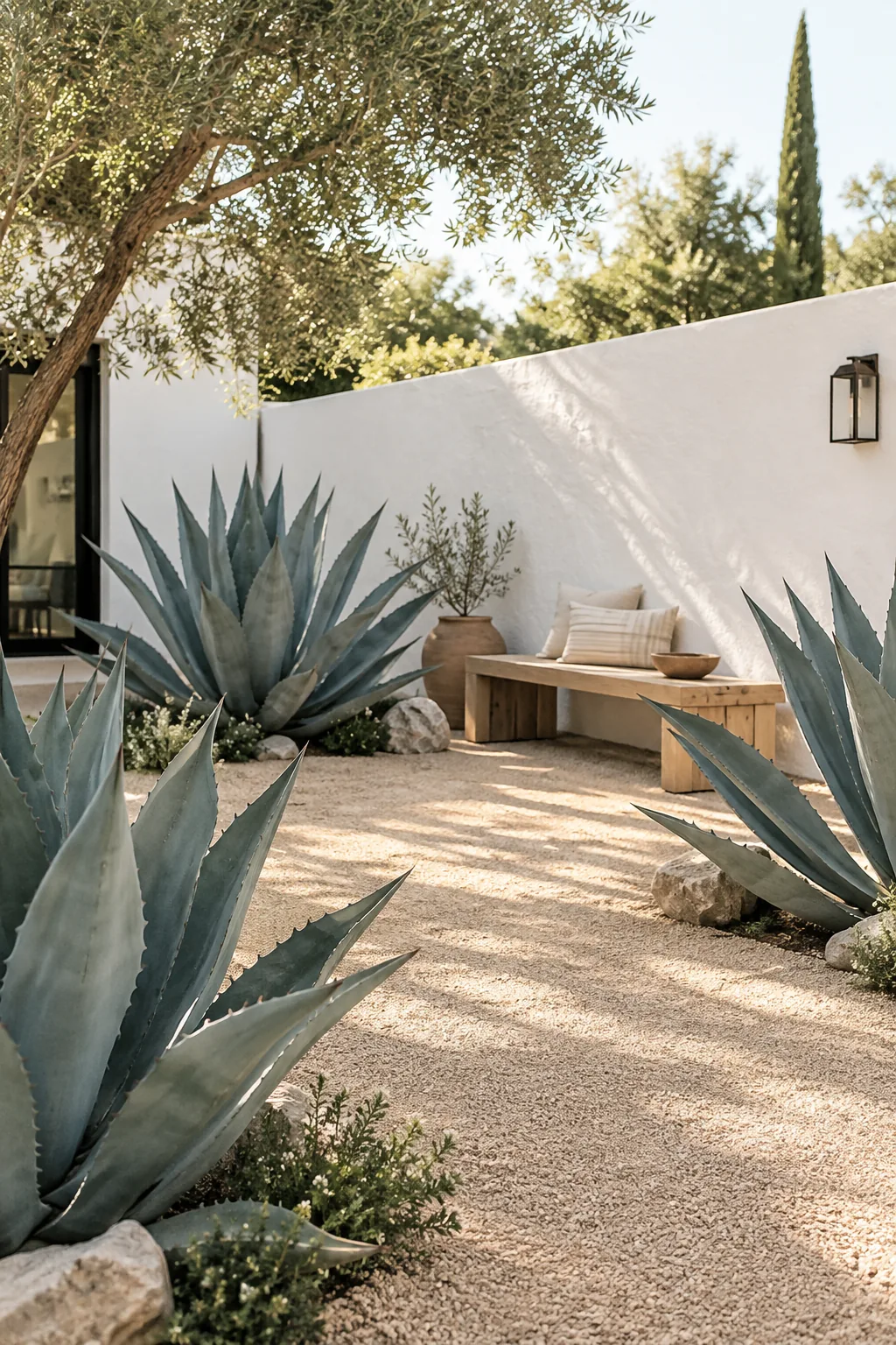 Decomposed granite backyard ground cover with large sculptural agave plants