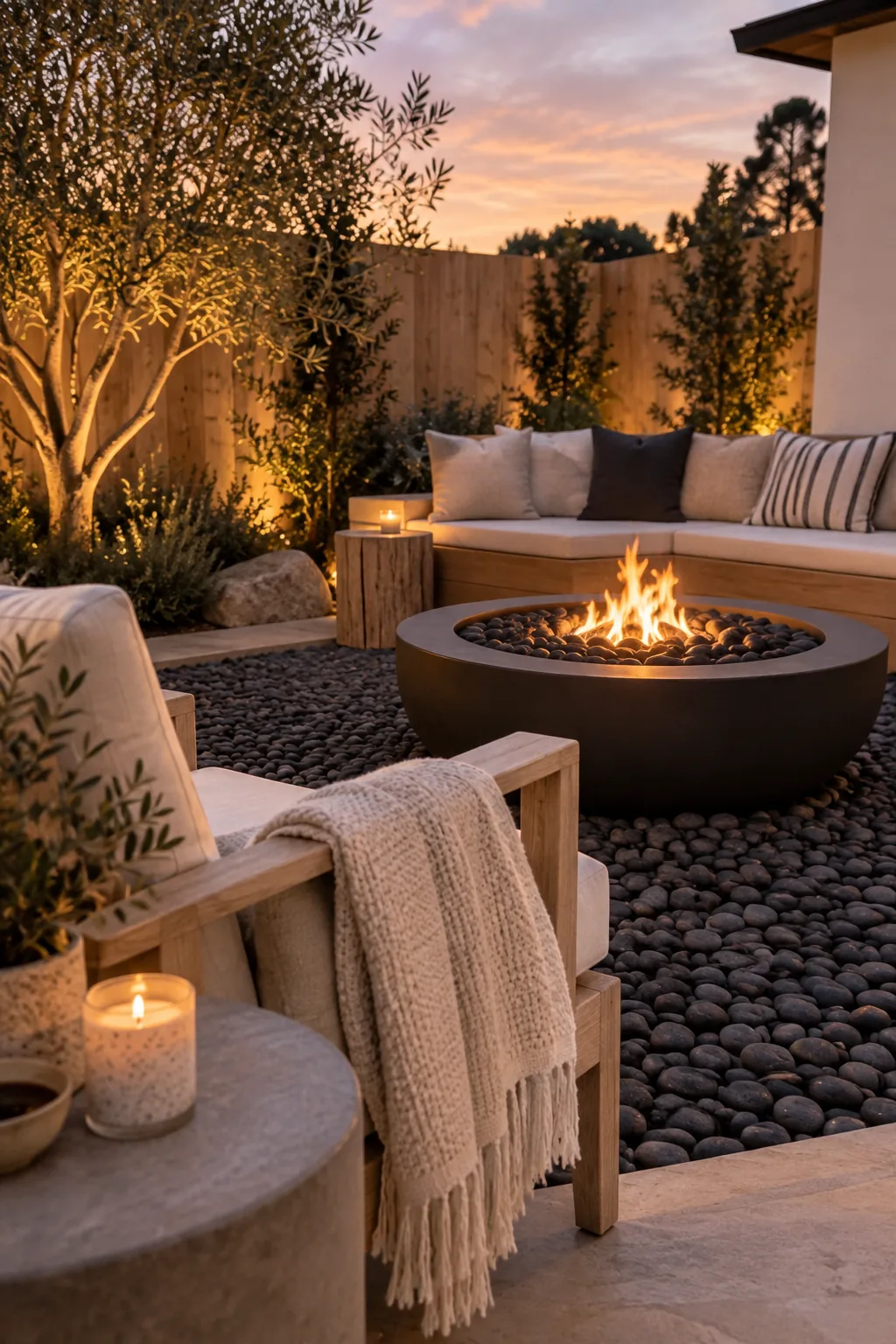 Black Mexican beach pebbles surrounding a modern fire pit