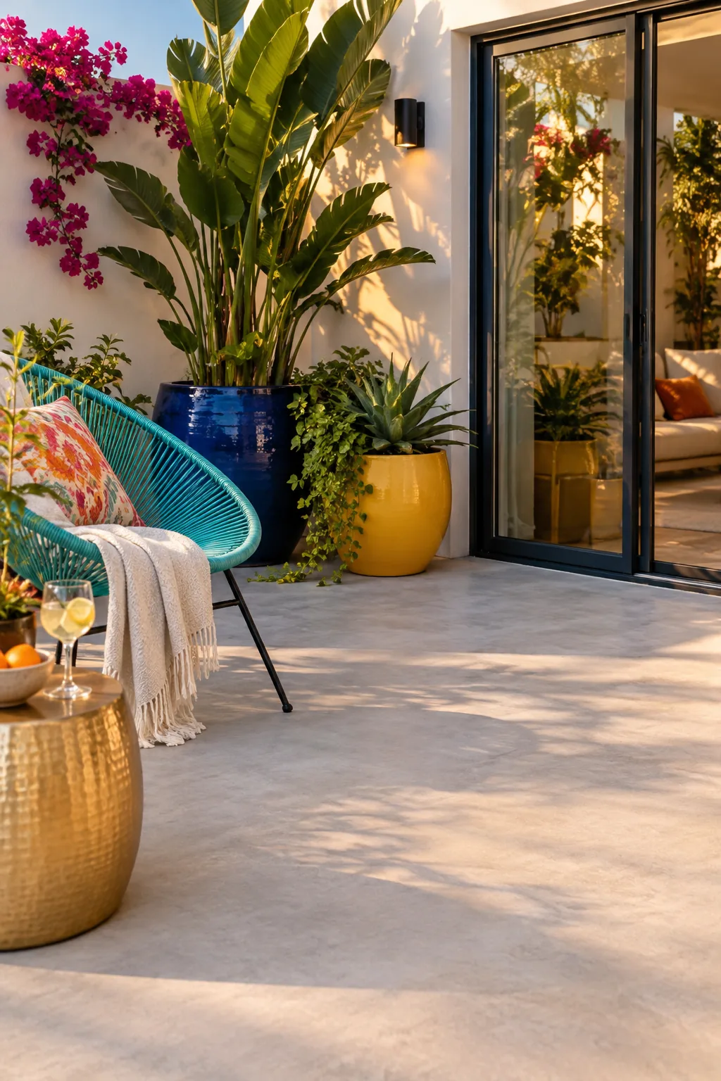 Seamless poured concrete backyard patio decorated with rugs and potted plants