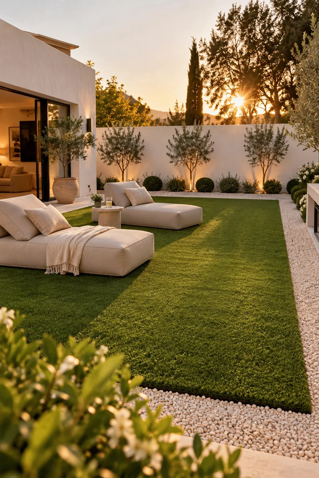 A square patch of artificial turf surrounded by pale pea gravel and lounge chairs